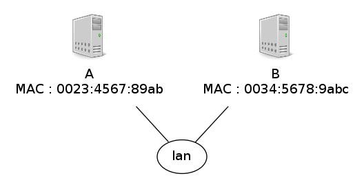 graph foo {
   randkir=LR;
   lan;
   A [color=white, shape=box label=<<TABLE border="0" cellborder="0">
                    <TR><TD width="45" height="60" fixedsize="true"><IMG SRC="icons/host.png" scale="true"/></TD></TR><TR><td>A<br/>MAC : 0023:4567:89ab</td></TR>
           </TABLE>>];
   B [color=white, shape=box label=<<TABLE border="0" cellborder="0">
                    <TR><TD width="45" height="60" fixedsize="true"><IMG SRC="icons/host.png" scale="true"/></TD></TR><TR><td>B<br/>MAC : 0034:5678:9abc</td></TR>
           </TABLE>>];
   A--lan;
   B--lan;
}