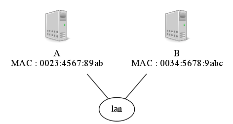 graph foo {
   randkir=LR;
   lan;
   A [color=white, shape=box label=<<TABLE border="0" cellborder="0">
                    <TR><TD width="45" height="60" fixedsize="true"><IMG SRC="icons/host.png" scale="true"/></TD></TR><TR><td>A<br/>MAC : 0023:4567:89ab</td></TR>
           </TABLE>>];
   B [color=white, shape=box label=<<TABLE border="0" cellborder="0">
                    <TR><TD width="45" height="60" fixedsize="true"><IMG SRC="icons/host.png" scale="true"/></TD></TR><TR><td>B<br/>MAC : 0034:5678:9abc</td></TR>
           </TABLE>>];
   A--lan;
   B--lan;
}