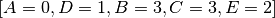 [A=0,D=1,B=3,C=3,E=2]